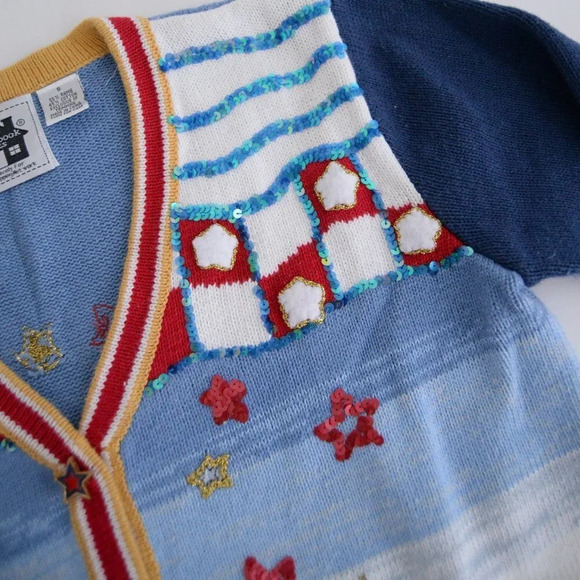 Vintage Storybook Knits Blue & White Stars Knit Embroidered Cardigan Sweater S - Picture 10 of 12